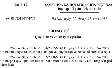 Thông tư 06/2011/TT-BYT quy định về quản lý mỹ phẩm
