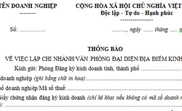 Mẫu thông báo thành lập văn phòng đại diện